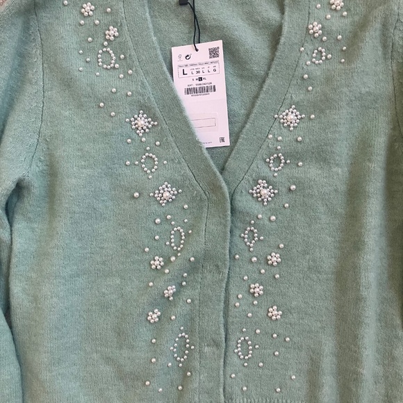 Zara Cardigan Sweater: Mint Green with Pearls; Size Large New with Tags - Picture 3 of 8